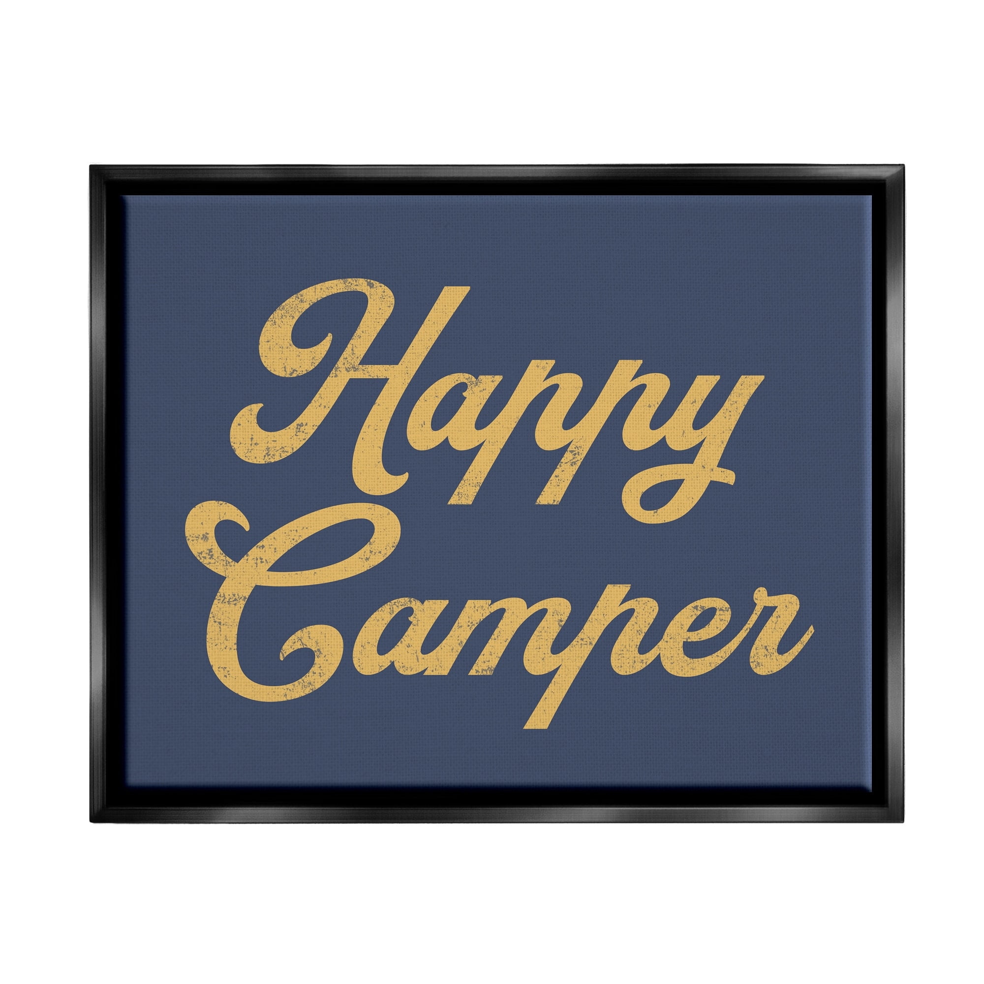 Stupell Industries Happy Camper Vintage Script Phrase Yellow Accent Jet Black Framed Floating Canvas Wall Art, 16x20, by Lil' Rue