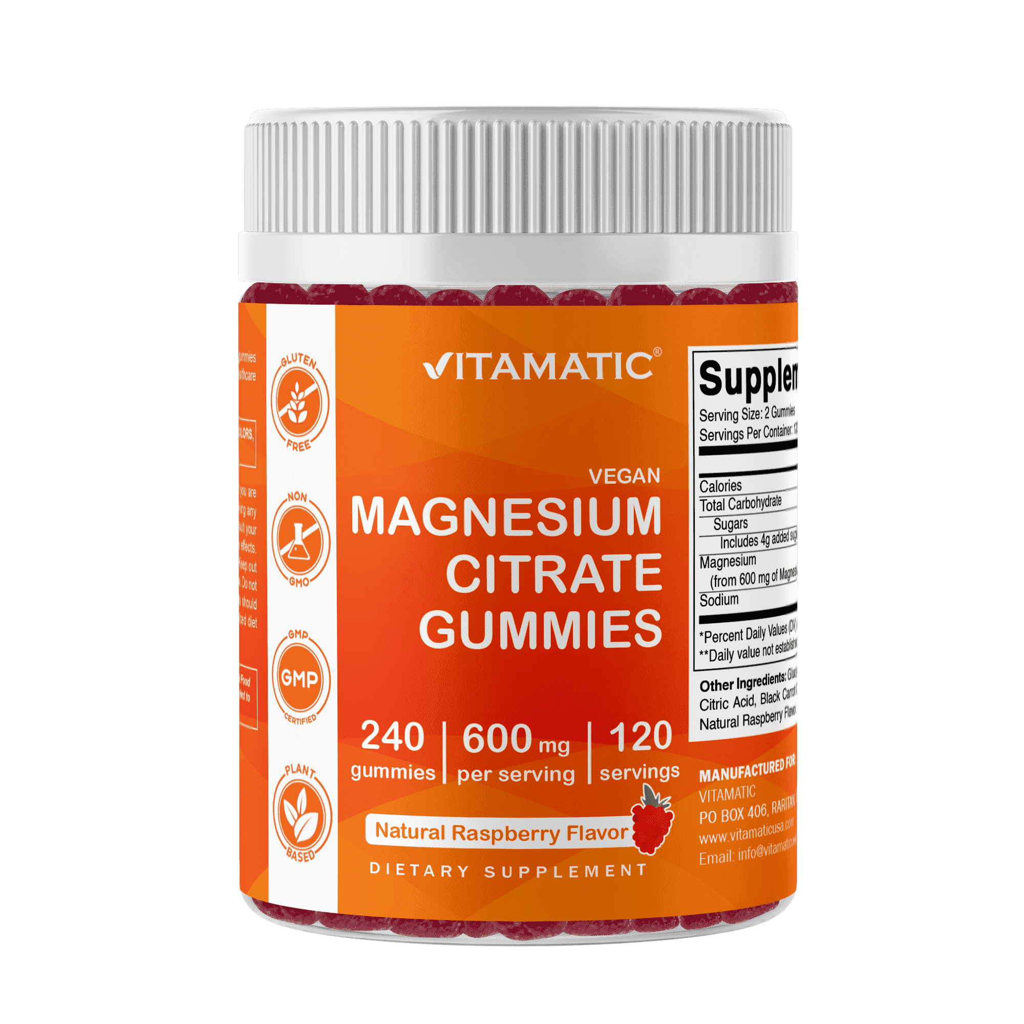Vitamatic Magnesium Citrate Gummies 600mg per Serving - 240 Vegan Gummies - Natural Raspberry Flavor - High Absorption Magnesium Supplement - Supports Nerve, Bone and Muscle Health