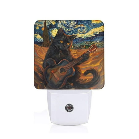 KLL Starry Night Cat Guitarist A for Night Lights Auto Sensor Night Lamp Plug in Night Light with Dusk-to-Dawn Light Sensor LED Nightlightfor Adults & Kids Room/Bedroom/Hallway