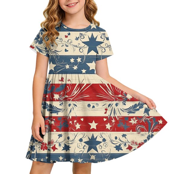 LOOK! Auroural Girls' Middle And Big Kids' Fashion Independence Day Printed Splicing Short Sleeved Skirt With Wrinkle Dress(4-14Years)