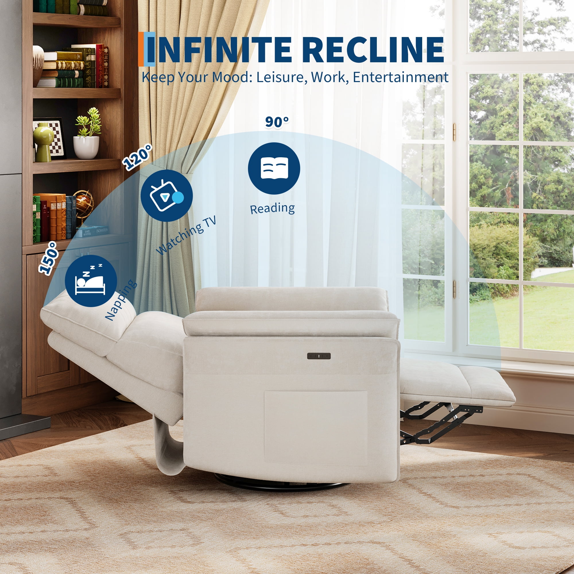 Power Recliner Chair Glider – Swivel Rocker with USB Charging Port, 270° Rotation, 350 lb Capacity, & Double-Layered Armrests – Chenille Upholstery for Living Room, Nursery, Bedroom