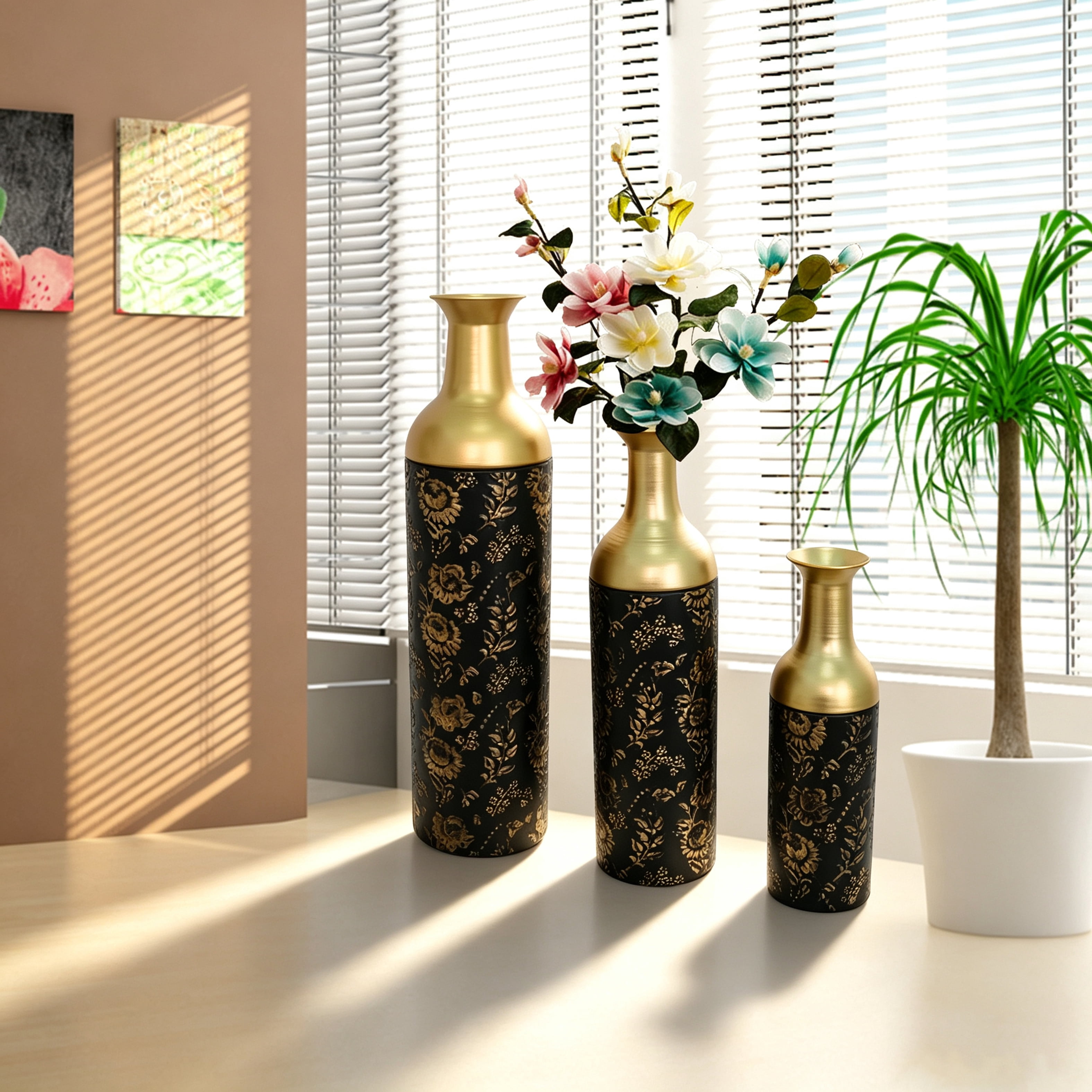 Metal Floor Vases Set of 3 with Leaf Pattern, Tall Decorative Vases and Home Decor Accents for Living Room Entryway, Black and Gold