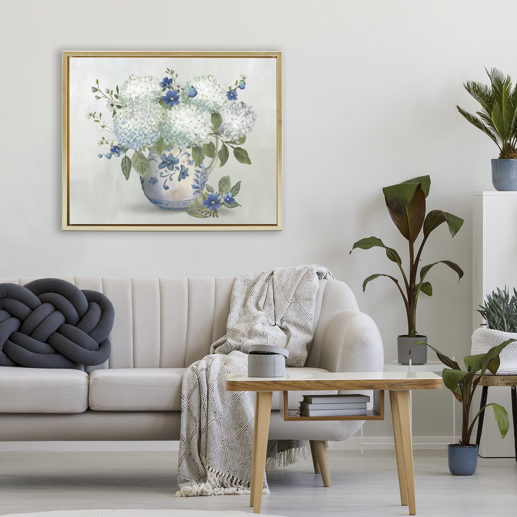 Stupell Industries Ivory & Blue Hydrangea Vase Gold Framed Floater Canvas Wall Art, design by Nan