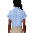 thumbnail image 6 of Craaazy Women's Relaxed Fit Plaid V Neck Blouse, Short Sleeve Ruffle Button Down Tops, Comfy Business Casual Shirt for Spring Gifts, 6 of 9