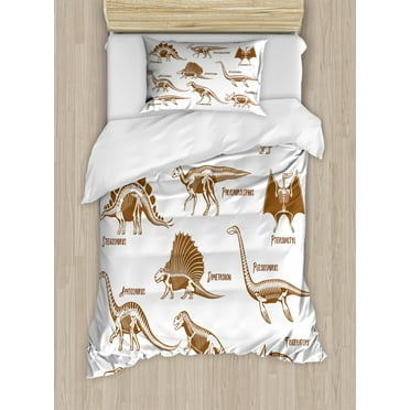 Velociraptor Duvet Cover Set Twin Size, Group of Dinosaurs Ancient Animals Triassic Period Reptiles Graphic Image, Decorative 2 Piece Bedding Set with 1 Pillow Sham, Brown White, by Ambesonne