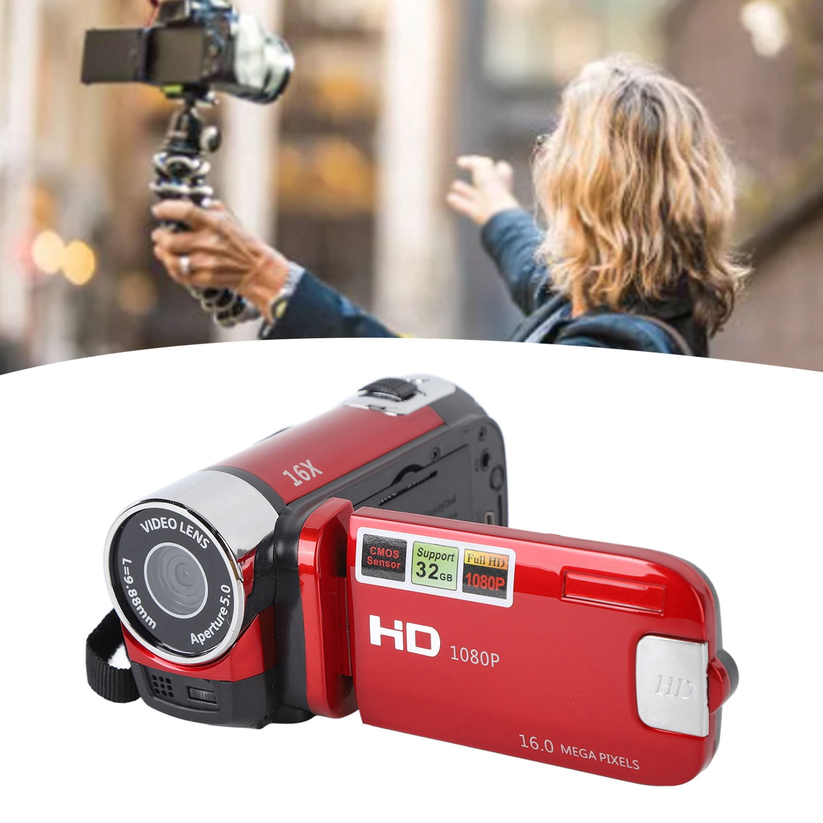 HD Handheld Video Camcorder Digital Camcorder, 1080P 16MP DV Camera 2.7in TFT Rotatable Screen 16x Digital Zoom Video Camera with USB Cable (Red)