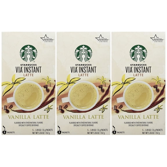 Starbucks | VIA Instant - 100% Arabica Coffee | Vanilla Latte, 3 Boxes x 5 Packs (15 Packets Total)