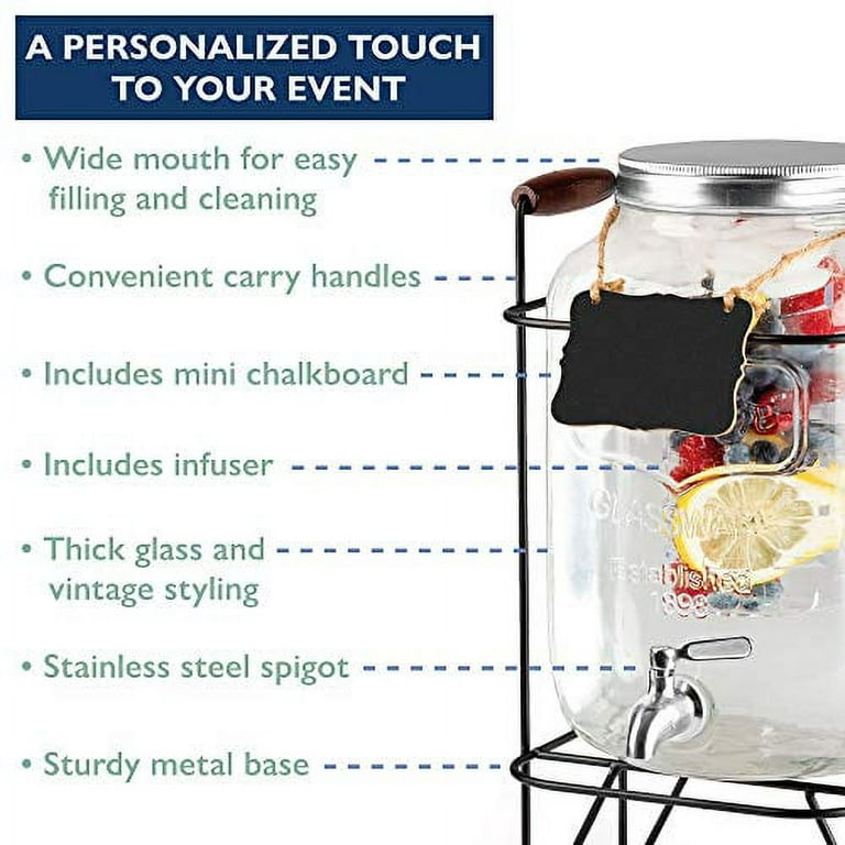 2 Gallon Glass Drink Dispensers for Parties,1 Pack Beverage  Dispenser with Fruit Infuser and Chalkboard - Leakproof - Glass Punch Bowls  - Laundry Detergent Dispenser: Iced Beverage Dispensers