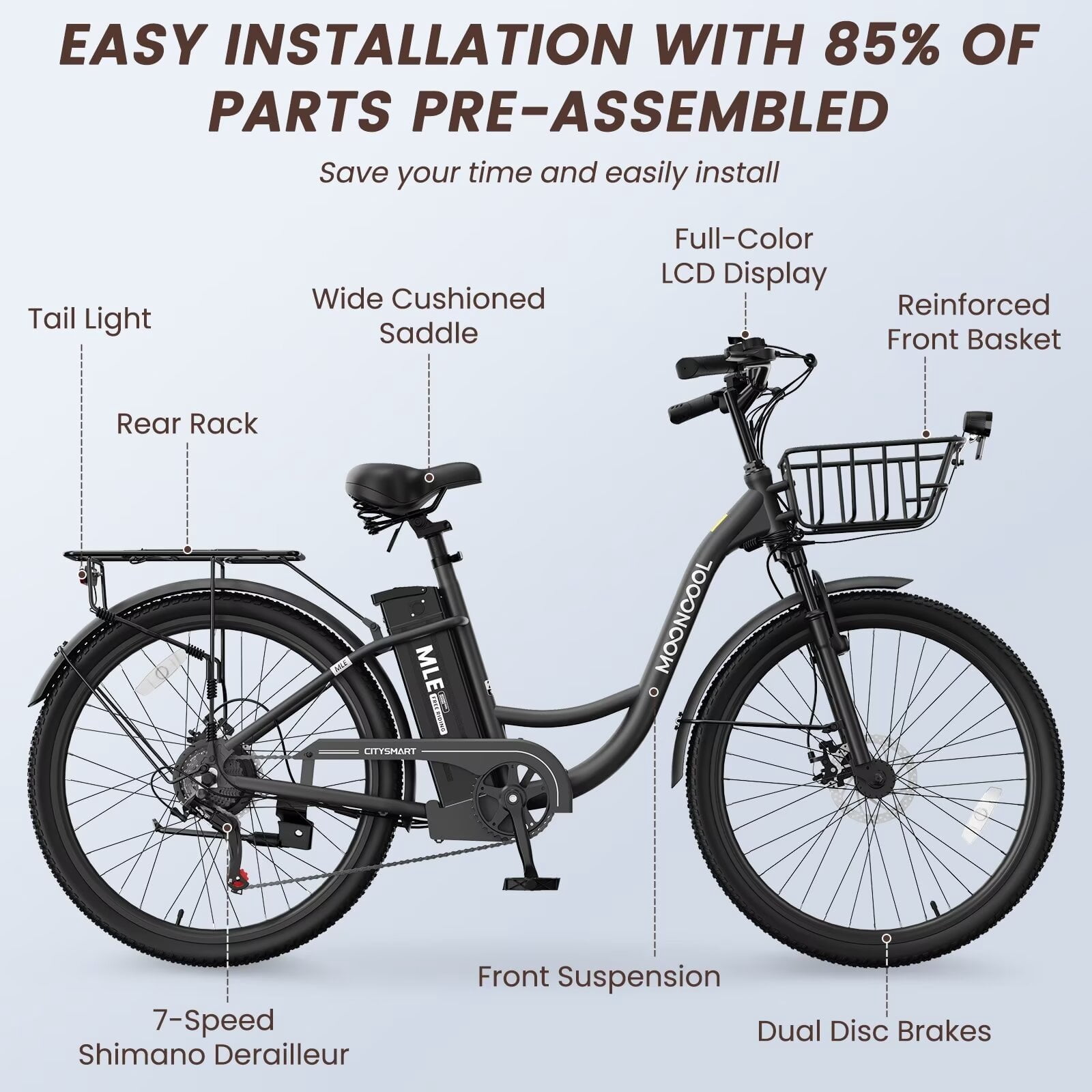 Lilypelle Electric Bike for Women Adults, Peak 700W Motor 20MPH, 50 Miles Electric Cruiser Bike with 36V 10.4Ah Battery, 7-Speed Electric Bicycle, 26" Tires and Front Fork Suspension
