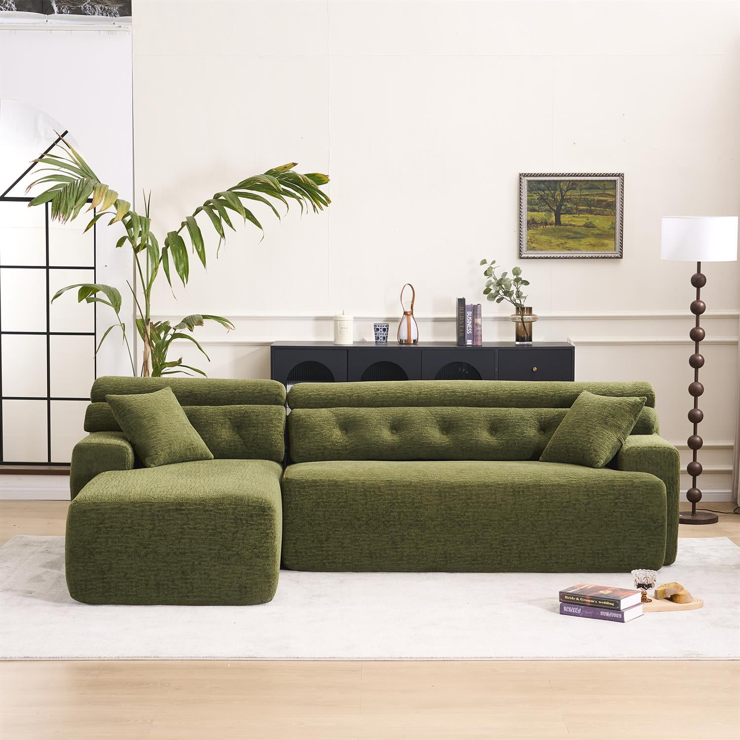 Demi Bonn 105" Modern L-Shaped Sectional Sofa, 3-Seater Couch with Chaise Lounge, 2 Accent Pillows, Wood Grain Chenille Fabric for Living Rooms, Green