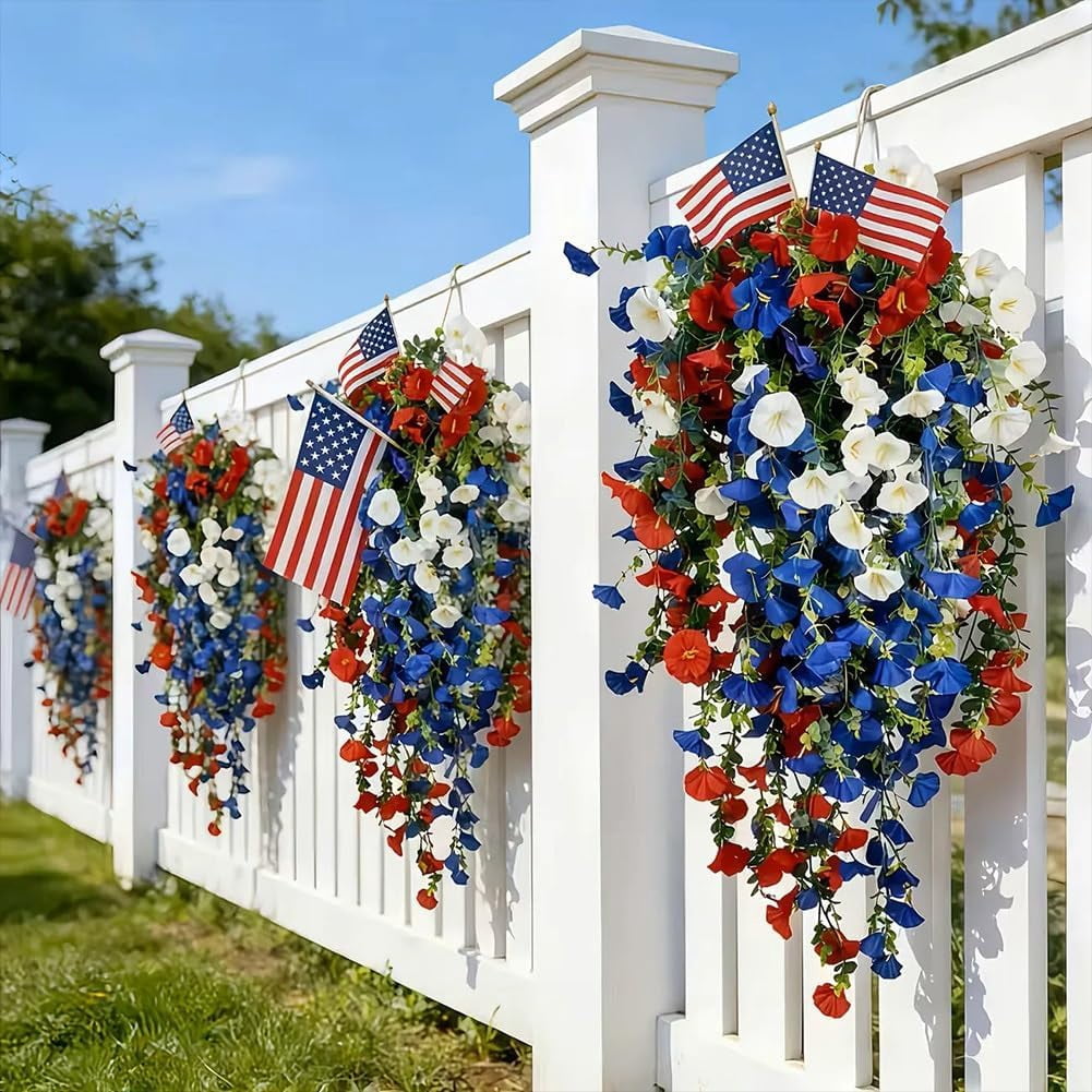 Patriotic Hanging Flower Baskets 2pcs Red White Blue Artificial Flowers Outdoor Fake Porch Trailing Flowers For 250th Anniversary Decor (2Pcs)