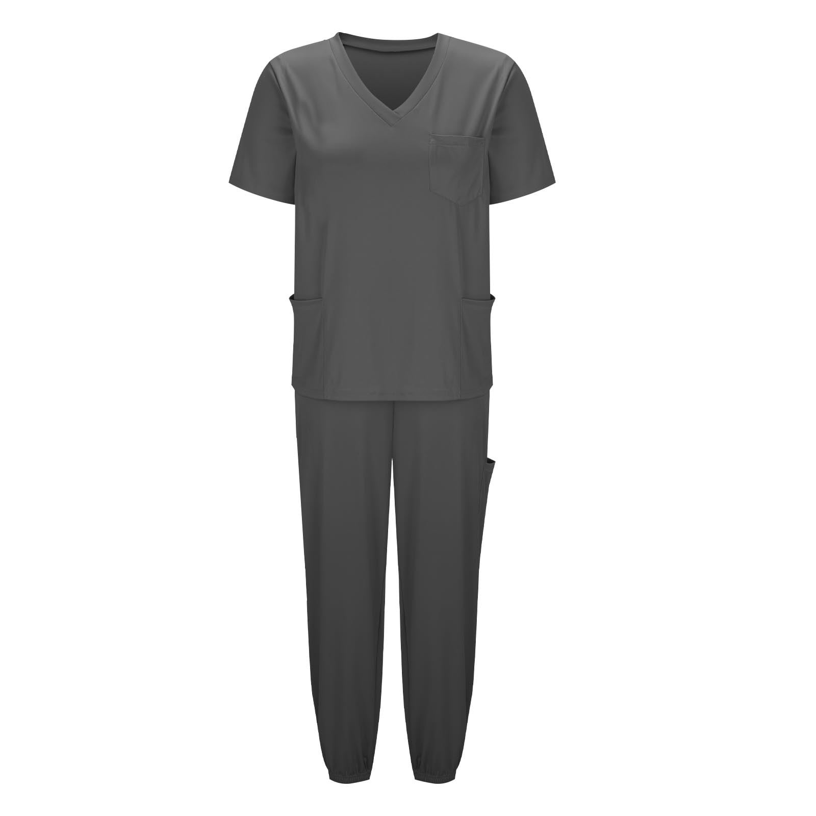 Womens Stretch V-Neck Jogger Scrubs Set Medical Nursing Tops with Pocket Pants