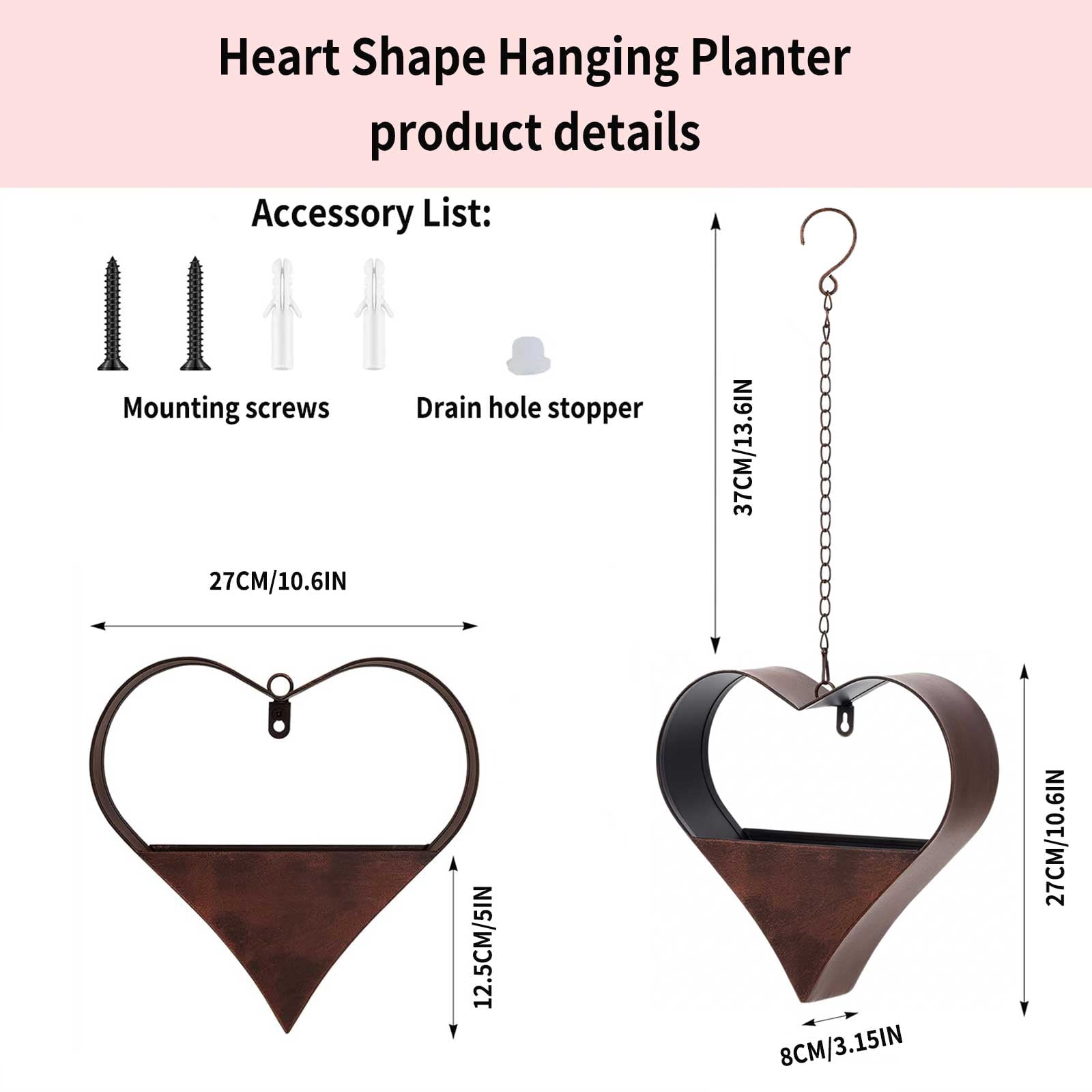 Hanging Planters Metal Heart Shape – Rustic Wall Mount for Indoor Outdoor, Wall Window Living Room Decor, Gifts for Women Mom Wife