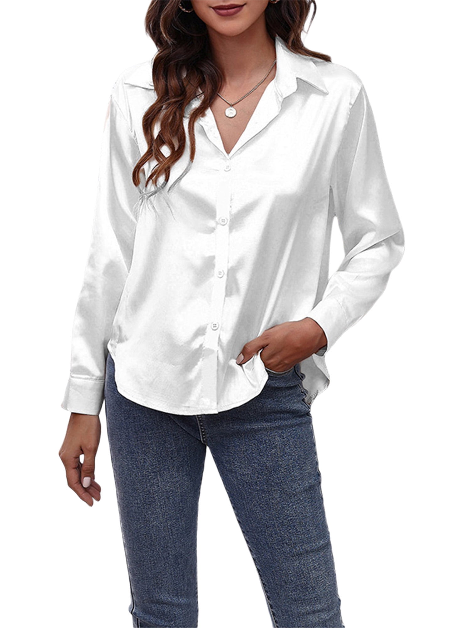 Women Satin Silk Button Shirts Long Sleeve V NeckStain Casual Blouse Tops  Plus Size Work Smooth Shirts Tops - Walmart.com