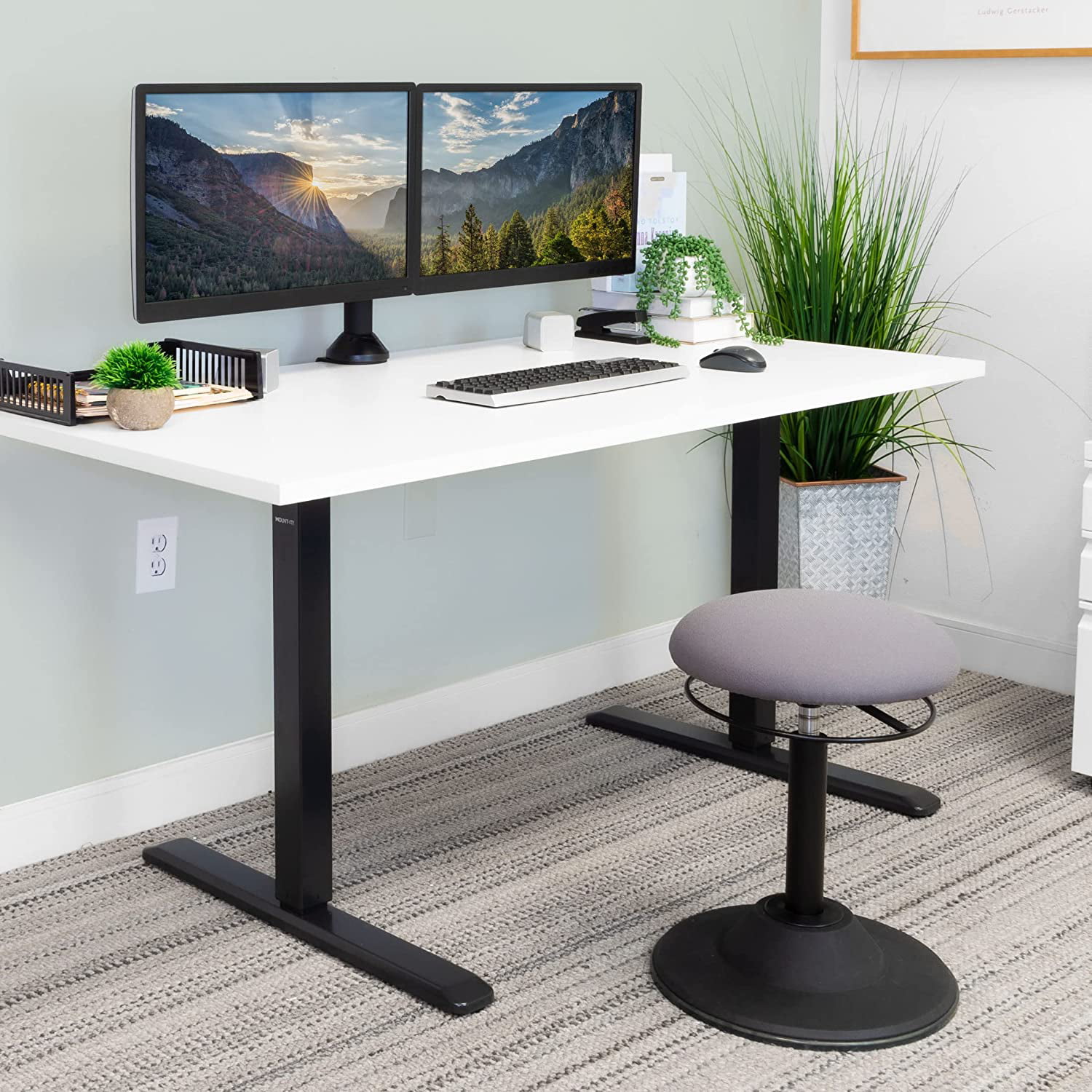 Double Monitor Desk Stand Dual Monitor Mount VESA 75 100 Interchangeable C-Clamp and Grommet Base Two Heavy Duty Height Adjustable Arms Fit 2 Computer Screens 19 21.5 24 27 32 Inches Mount-It 
