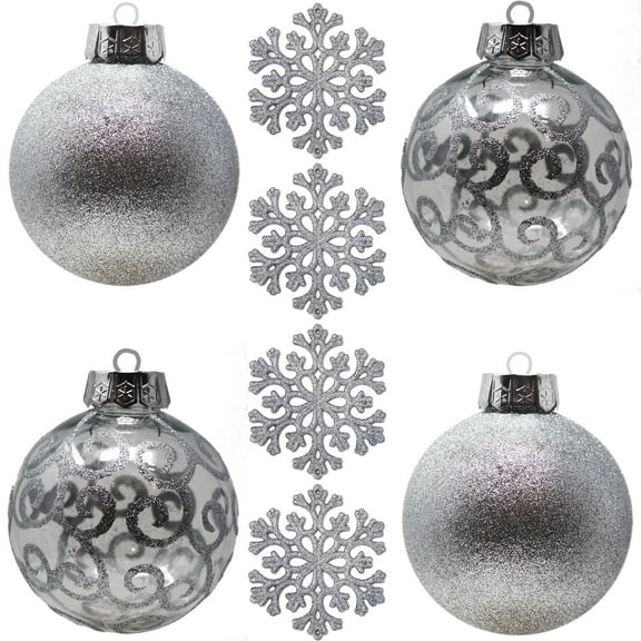 SLEETLY Big Silver Ornaments for Farmhouse Christmas Tree Holiday Xmas Decorations for Christmas - Large Shatterproof Plastic 4.72 inch Glitter Snow Balls and Snowflakes, Ornament Set of 8
