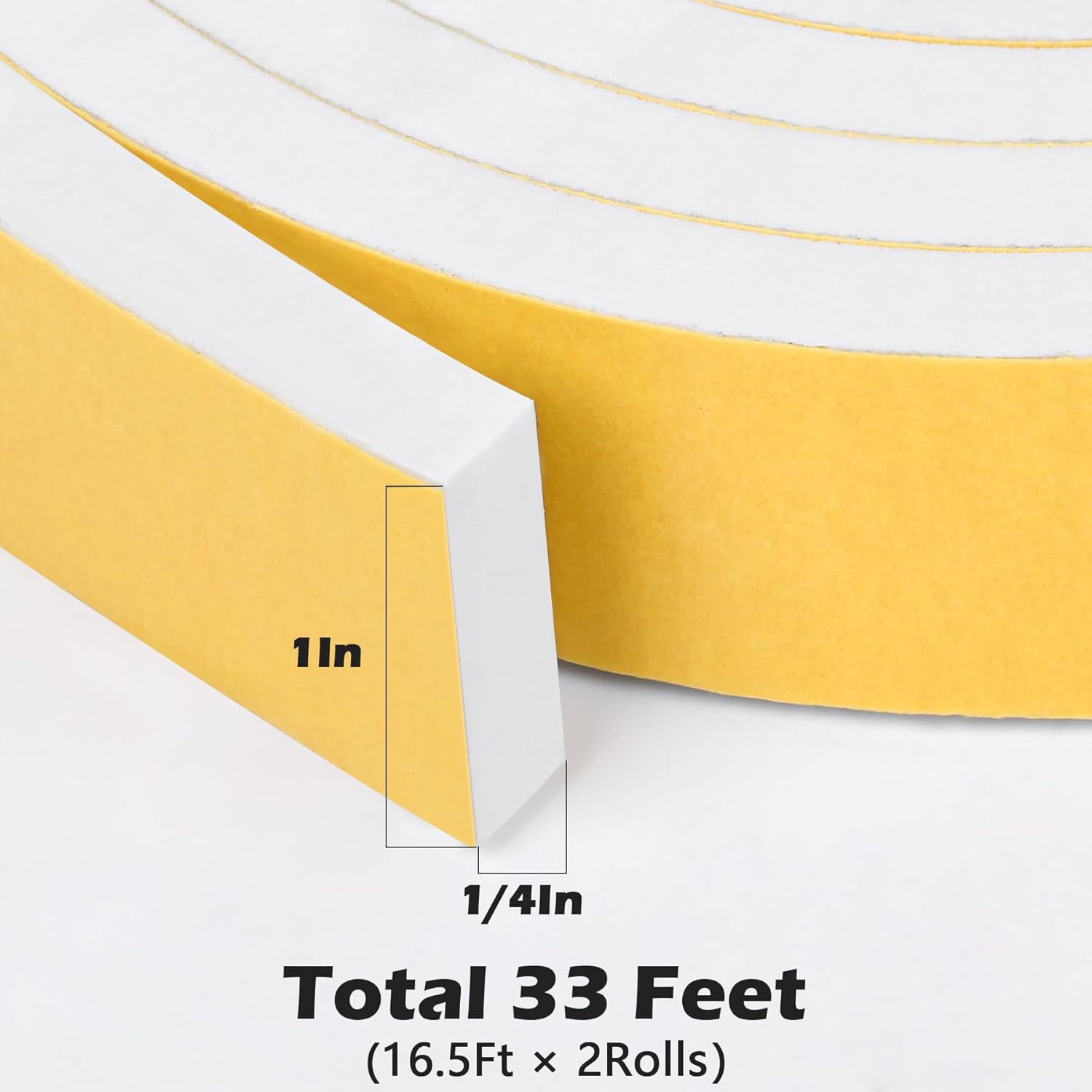 White Door Window Weather Stripping Self Adhesive Foam Tape High Density Foam Sealing Strip Window Insulation Weatherproof Gasket Tape 1" Wide X 1/4" Thick, 16.5 Ft X 2 Rolls, Total 33 Feet