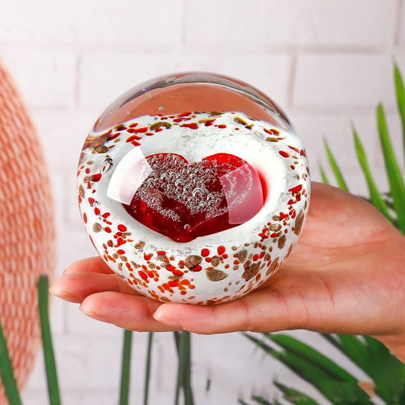 3D Heart Crystal Glass Ball Paperweight with Stand Room Decorative Home Office Decor Ornaments Mother's Day Mom Grandma Gift,Rounded