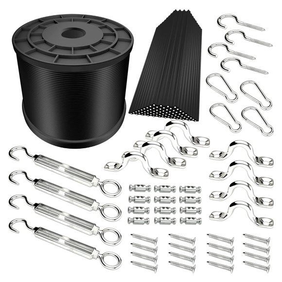 YQL Outdoor String Lights Hanging Kit,Globe String Lights Suspension Kit,164ft Black Vinyl-Coated 304 Stainless Steel Cable,String Light Guide Wire,Hook & Eye Turnbuckle