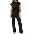 thumbnail image 2 of Women's Plus Size Two Piece Casual Sets Round Neck Cap Sleeve Tops with High Waist Straight Leg Pants Solid Trendy Sets Black,L, 2 of 5