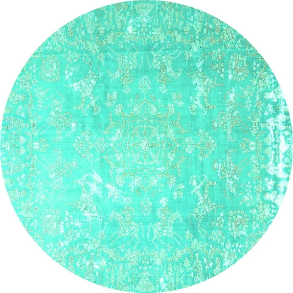 Ahgly Company Machine Washable Indoor Round Oriental Turquoise Blue Traditional Area Rugs, 3' Round