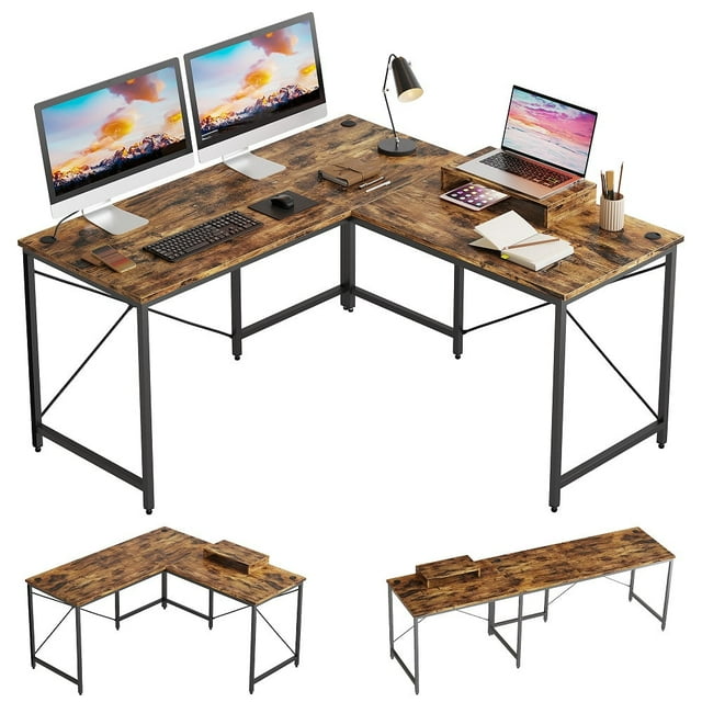 Bestier Bureau d'Ordinateur en Forme de L 95,2 Pouces avec Support de Moniteur Rustique
