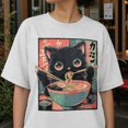 thumbnail image 2 of Kawaii Black Cat Eating Ramen Japanese Anime Graphic Crew Neck Casual Short Sleeve T-Shirt For Food Cat Lovers, 2 of 7