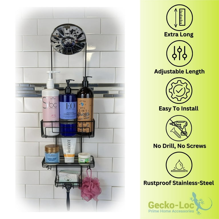 Gecko-Loc Long Over Showerhead Hanging Bathroom Shower Caddy - Black 