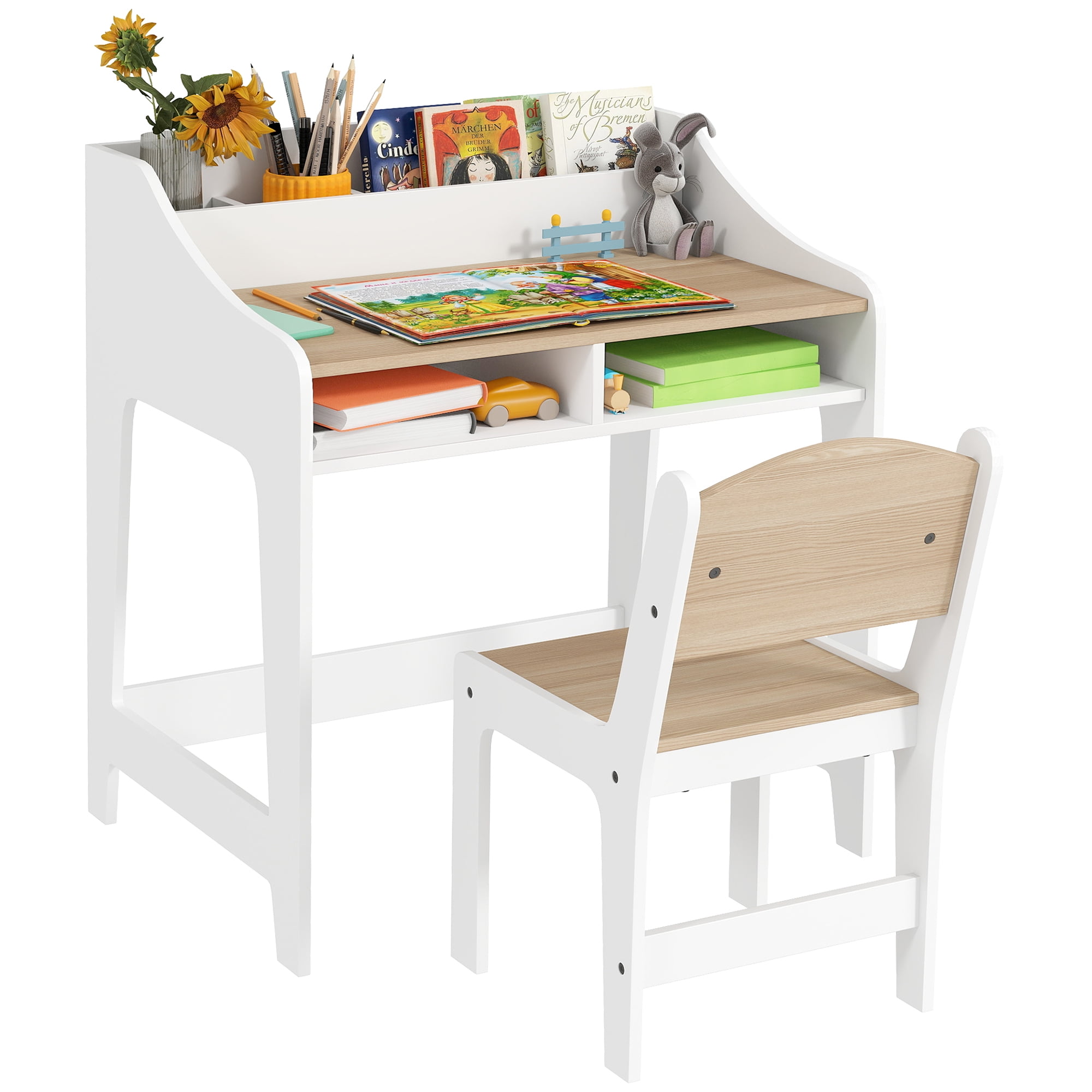 Qaba Kids Desk and Chair Set, Children Study Table with Storage Shelves, Student Writing Desk for Bedroom & Study Room, 3-8 Years Old, Natural Wood
