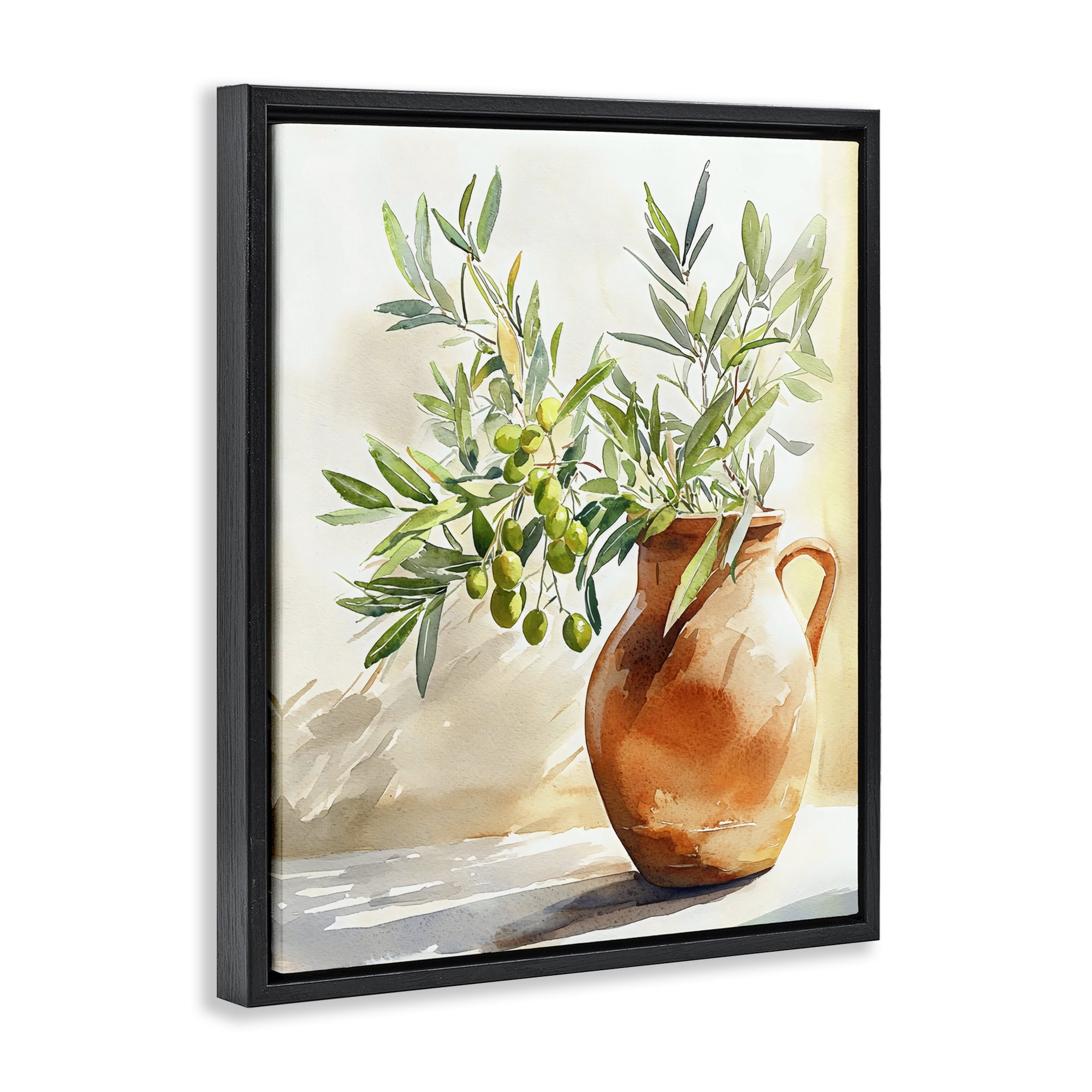 Stupell Industries Olive Branch in Terracotta Vase Black Framed Floater Canvas Wall Art, design by LSR Design Studio