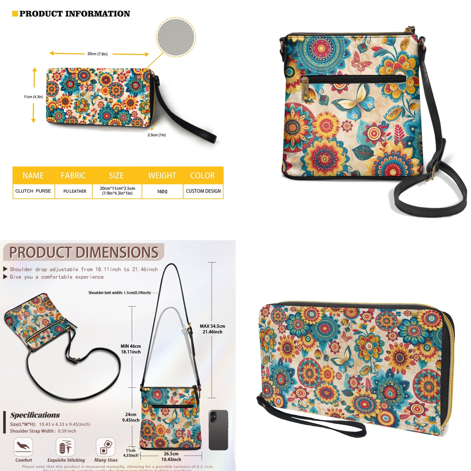 ZUXONGSY Boho Mandala Butterfly Print Women Large Crossbody Bags Ladies Satchel Shoulder Handbags Purse and Wallet Set for Women Totes Hobo Purses for Dating Travel Party