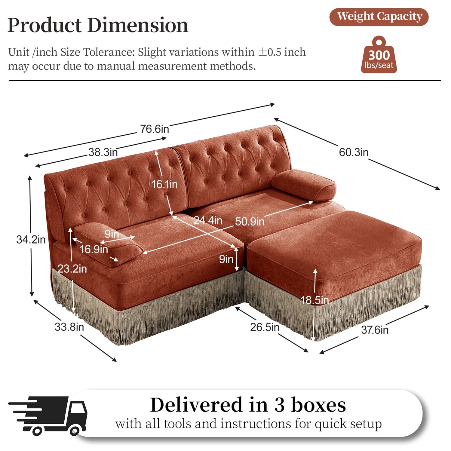 Hommoo 2-Seater Chesterfield Style Velvet Fabric L-Shaped Sectional Sofa, Tufted Button Upholstered Design and Floor-grazing Tassel, Free Combination Sofa Couch Set, for Home, Red Brown