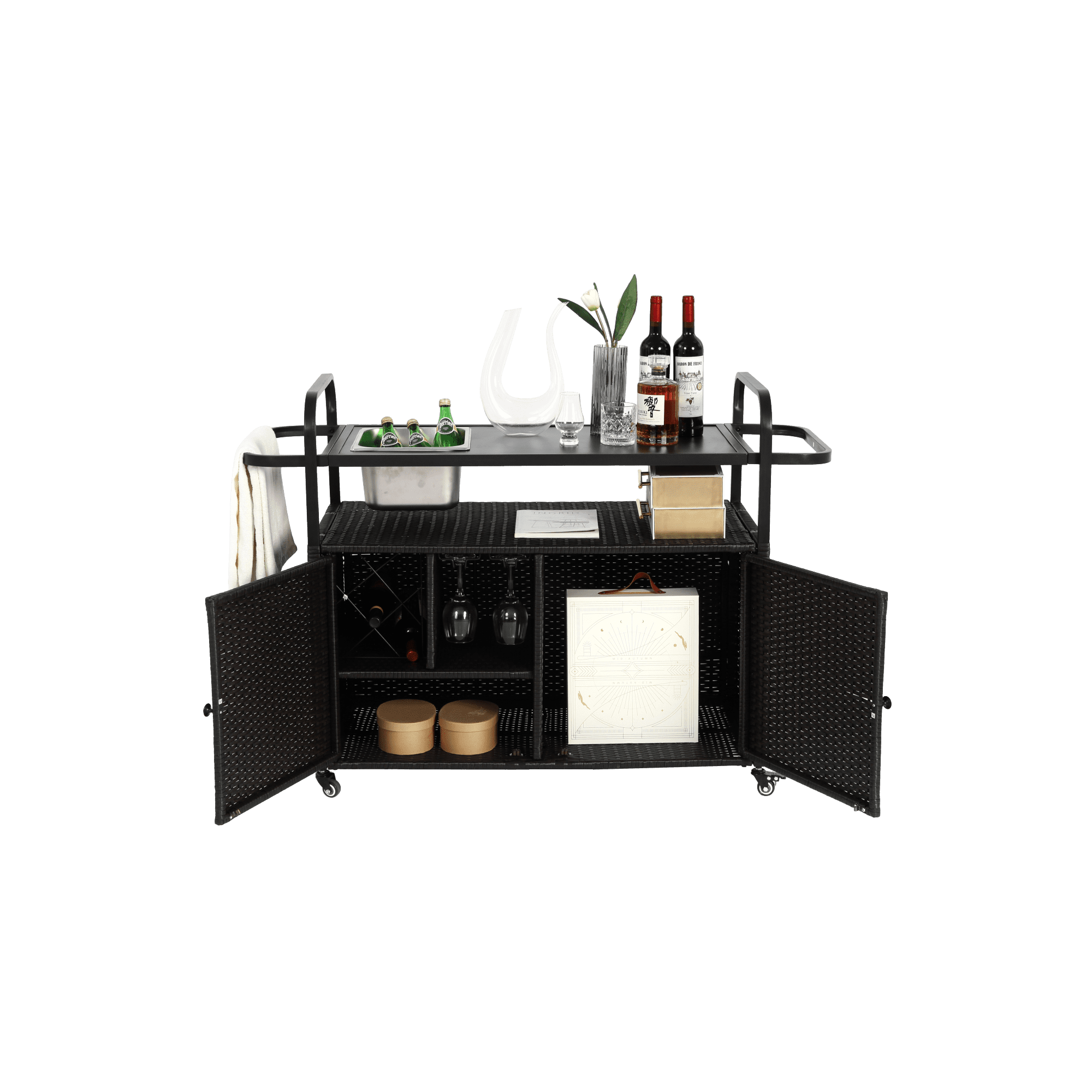 Outdoor Bar Cart,Wicker Bar Table Cart with Cabinet,Patio Serving Cart with Steel Top, Ice Bucket,Lockable Wheels, Side Basket for Garden, Poolside & Backyard,Black