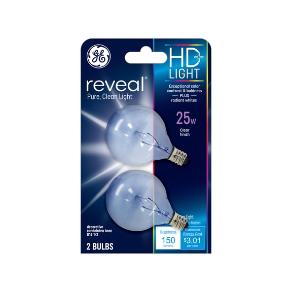 GE Lighting 48703 25-Watt Reveal Candelabra Globe G16.5 2-Pack, 2-Pack