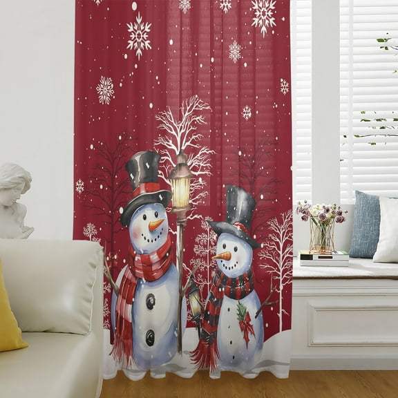 Red Christmas Semi Sheer Curtains Drapes for Living Room, Bedroom, French Doors Window 63 Inches Long, Winter Snowman Xmas Tree Snowflake Rod Pocket Chiffon Curtain Drapery Voile Draperies Panel