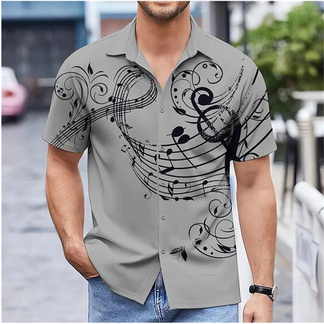 New Summer Men's Shirt Outdoor Street Button Short Sleeve Music Note Print Solid Color Shirt Fashion Designer Casual