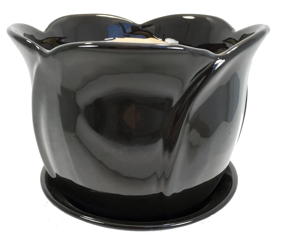 Black Tulip Glazed Ceramic Pot Saucer 5 3 4 X 5 With Felt Feet