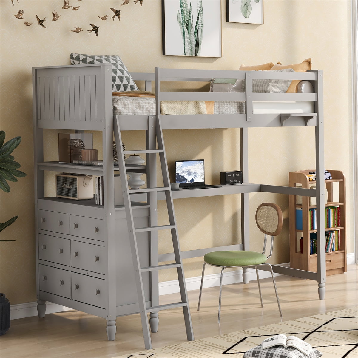 Twin Loft Bed with Desk and Storage Shelves, Space Saver Twin Size Loft