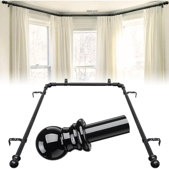 Bay Window Curtain Rods, 147-198 CM Center Rod, 109-137 CM Side Rods, 2.5CM Diameter Black Heavy Duty Curtain Rods for Bay Windows with Simple Finials for Living Room, Bedroom, Dining Room