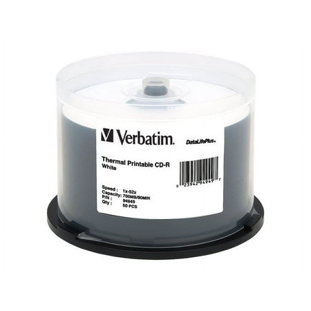 UPC: 0023942949497 | Verbatim CD-R 80MIN 700MB 52X DataLifePlus White Thermal Printable 50pk Spindle (also Everest & Prism Printer Compatible)