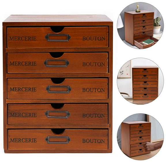 5-Drawer Desktop Organizer Pine Wood, Retro Brown Desk Storage for Home Office No Assembly Needed, 11LB Capacity