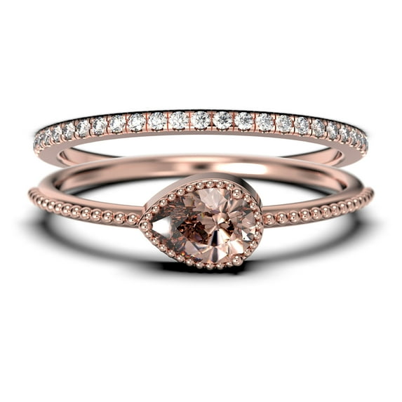 Minimalist 1.60 Carat Pear Cut Morganite And Diamond Moissanite Classic Engagement Ring, Modern Wedding Ring in 10k Solid Rose Gold, Promise Ring, Dainty Ring, Anniversary Ring, Bridal Rings Set
