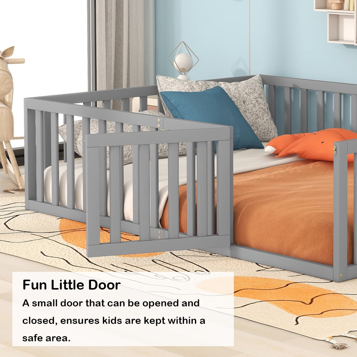 Bellemave Queen Size Floor Bed with Fence and Door, Wood Montessori Bed Frame, Floor Bed Frame, Slats Not Included (Queen,Gray)