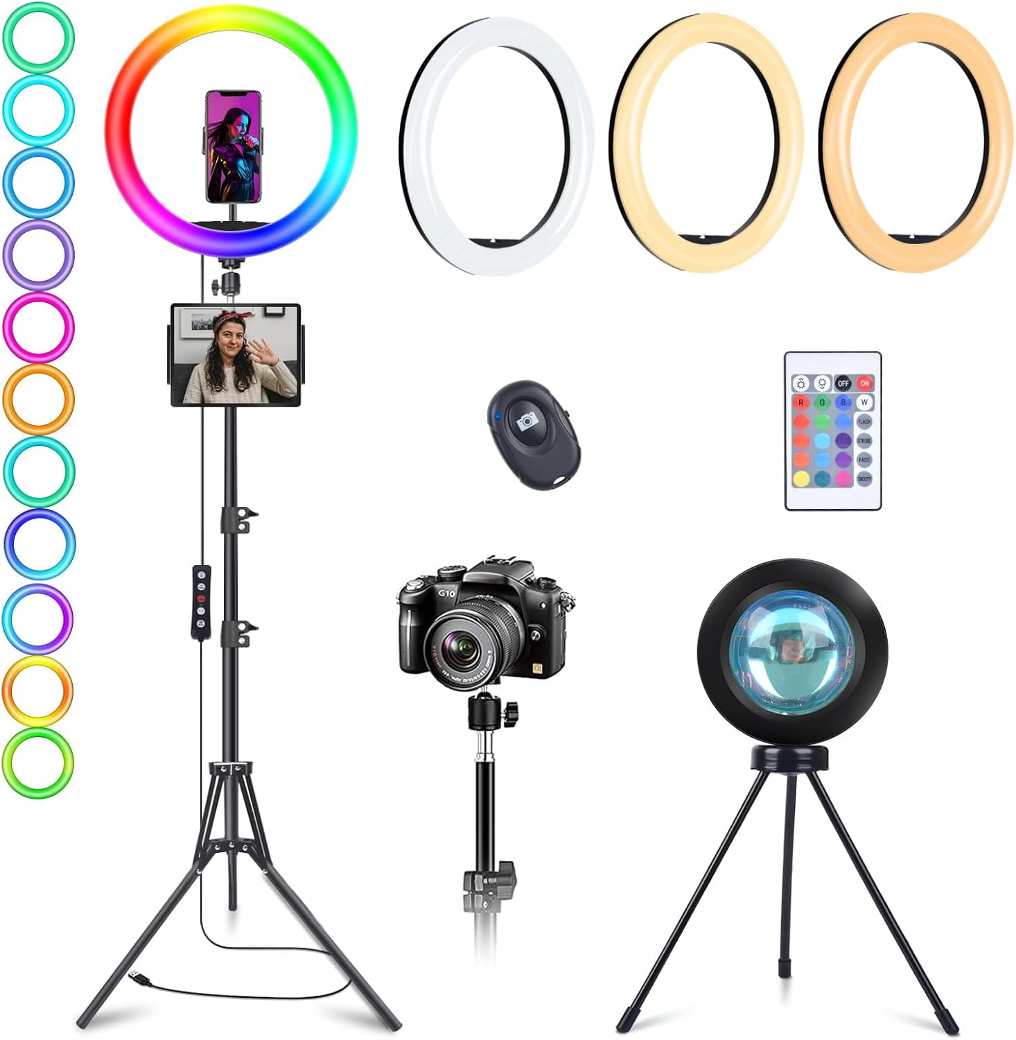 13" Selfie Ring Light with Stand 76" Tall & Phone Holders,Sunset Lamp, Tablet Holder,Desk Tripod& 51 Color Modes,