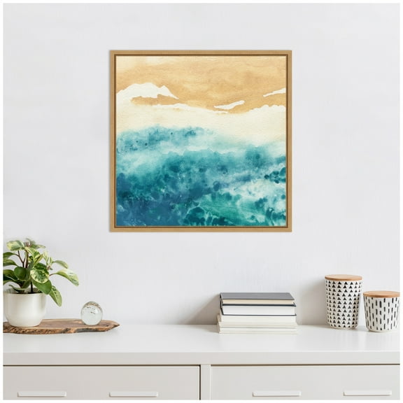 Kate and Laurel On Warm Sand Framed Canvas Wall Art  by Janet Meinke Lau 22 x 22 Sylvie Natural, Coastal, Landscapes, Beach, Nature Art for Wall Decor, Living Room Bedroom