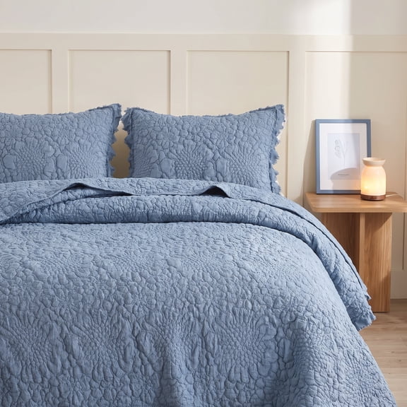 Blue Ruffled Quilt King, Farmhouse Bedspread