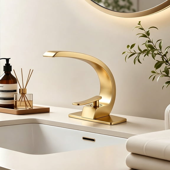 ICYBER BOOM Brushed Gold Single Hole Bathroom Faucet, Modern Curved High Arc Vanity Sink Faucet with Pop Up Drain & US Standard Supply Lines, Single Handle Lavatory Faucet