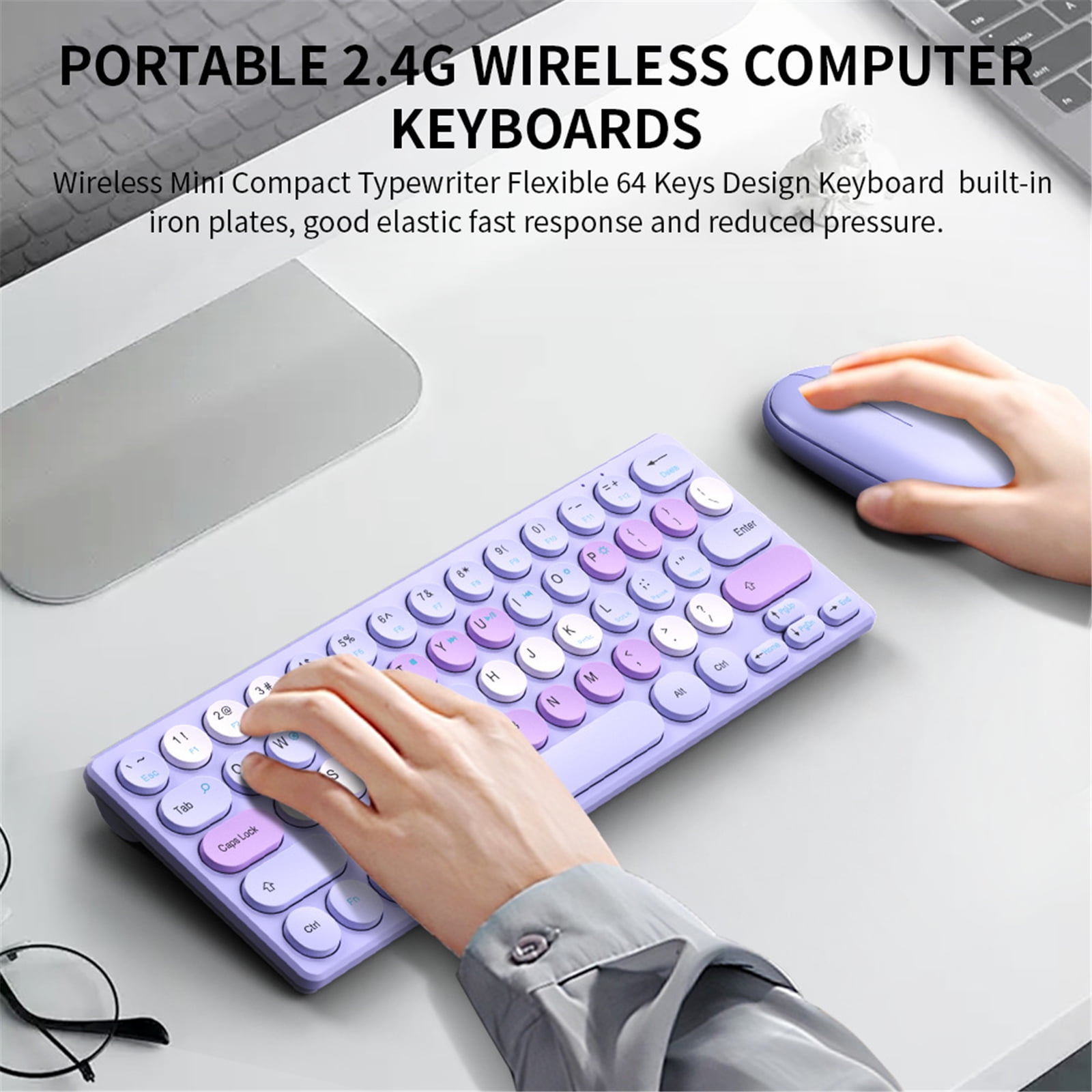 Retro Round Keycap Wireless Keyboards Bundles 2.40G Silents Button Long For Home Office Setups