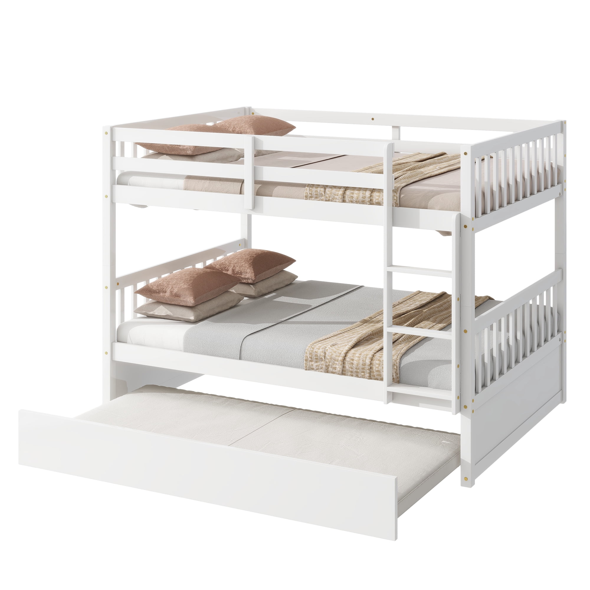 Sailvan Full Over Full Rubber Wood Bunk Bed with Trundle Ladder Guardrails, Convertible to 2 Beds
