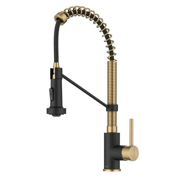 KRAUS Bolden Commercial Style 2-Function Single Handle Pull Down Kitchen Faucet in Brushed Brass / Matte Black